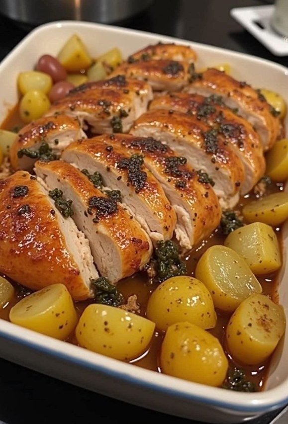 Peito de Frango Assado com Batatas e Molho de Ervas